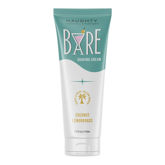 NCPARTIES LLC Bare Shave Cream in a teal and white squeeze tube with coconut lemongrass scent and cocktail branding.