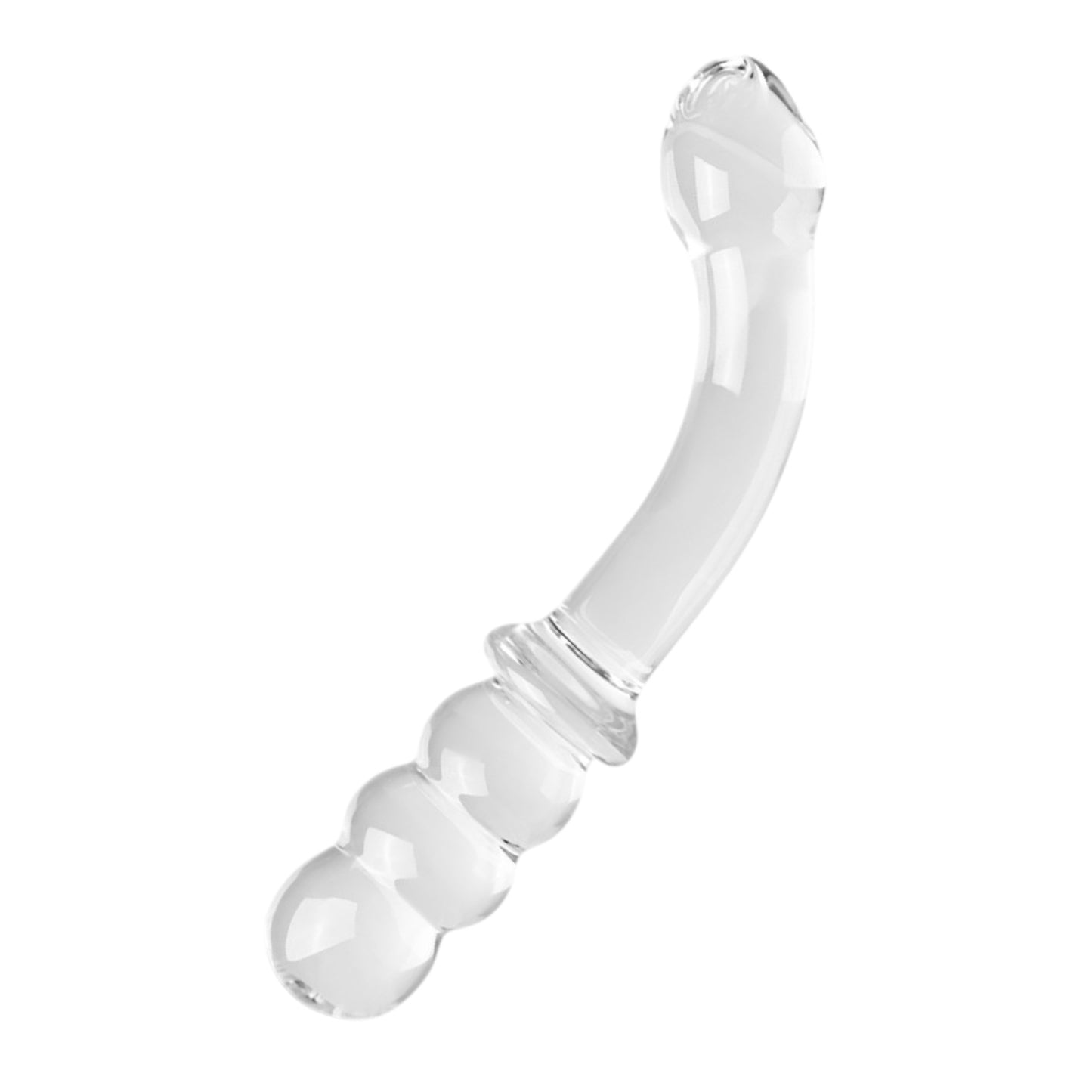 NCPARTIES LLC Glass Act curved clear glass massager with a textured beaded base for targeted stimulation.