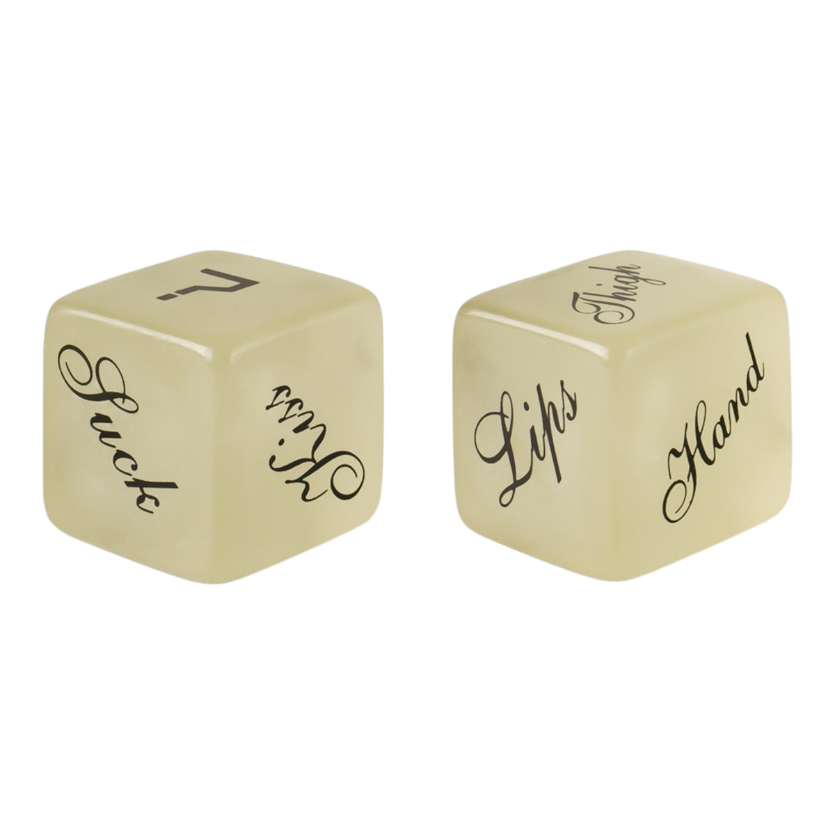 NCPARTIES LLC Roll Play game dice with black script text on cream-colored cubes for romantic couple activities