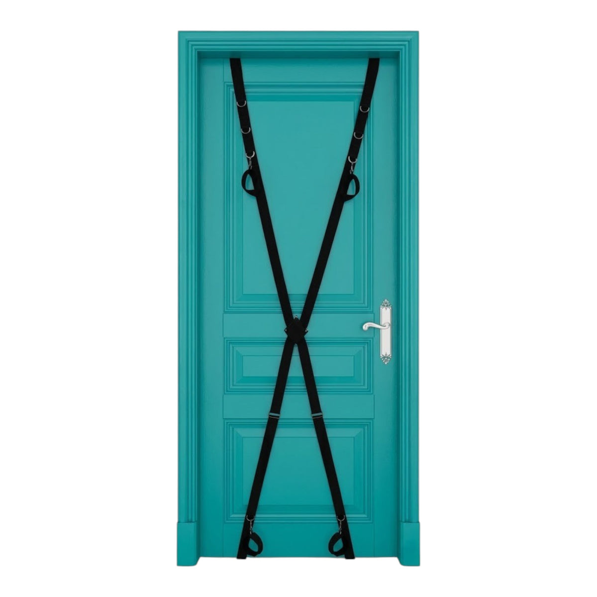 NCPARTIES LLC Standing O black adjustable door strap system mounted on a teal door for home use