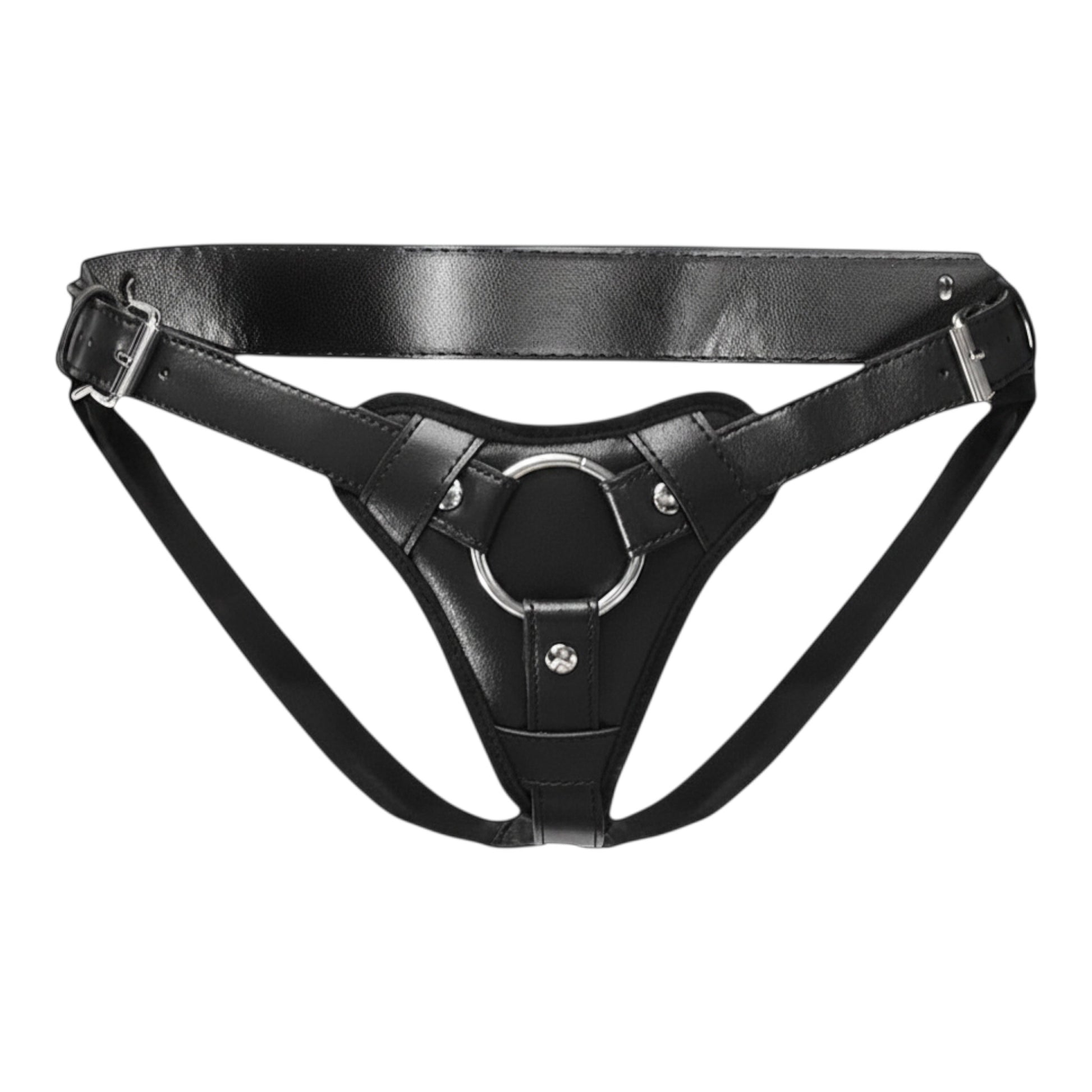 NCPARTIES LLC Astrobelt black faux leather harness with silver metal O-ring and adjustable buckle straps