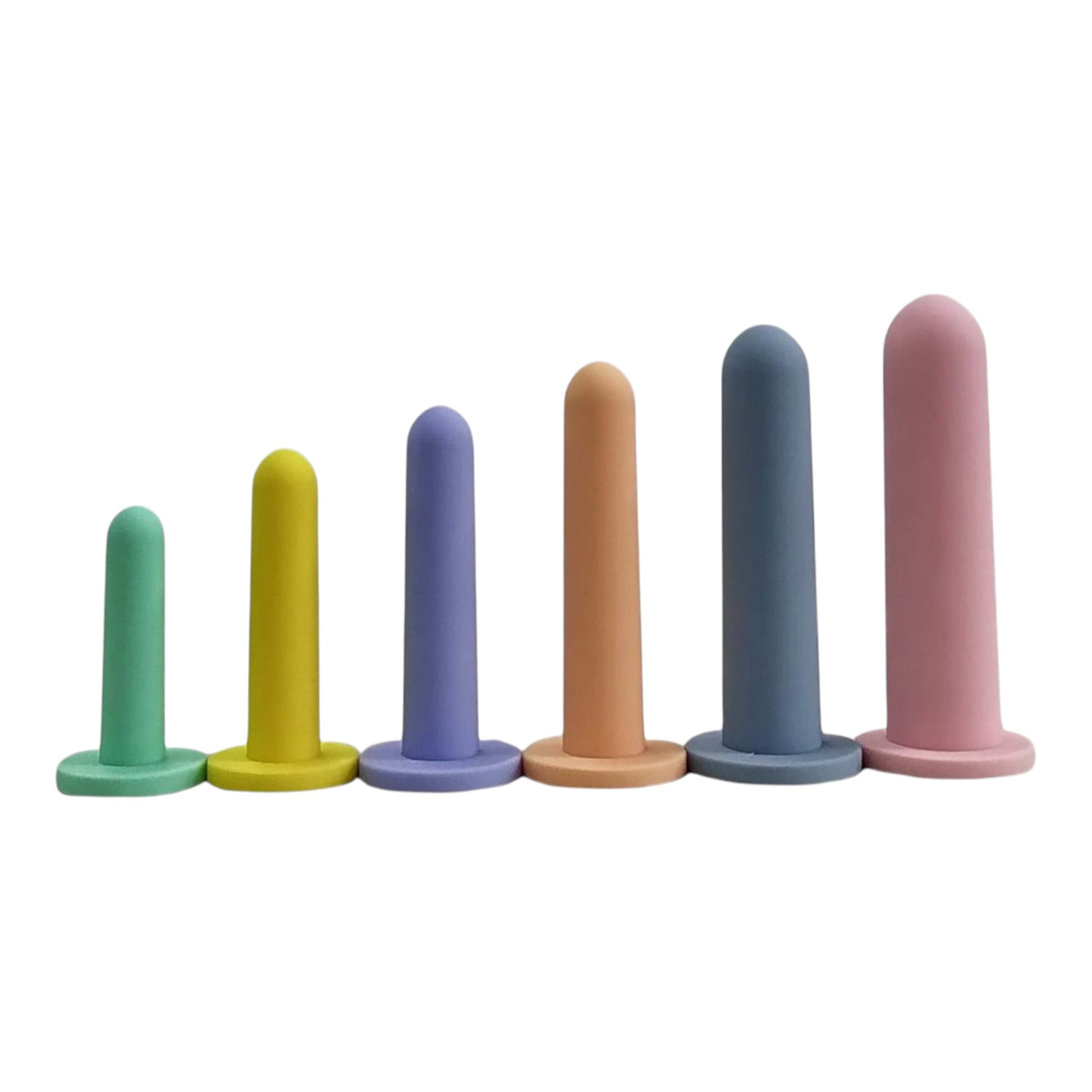 NCPARTIES LLC Crescendo set of six graduated silicone dilators in pastel green, yellow, purple, peach, blue, and pink.