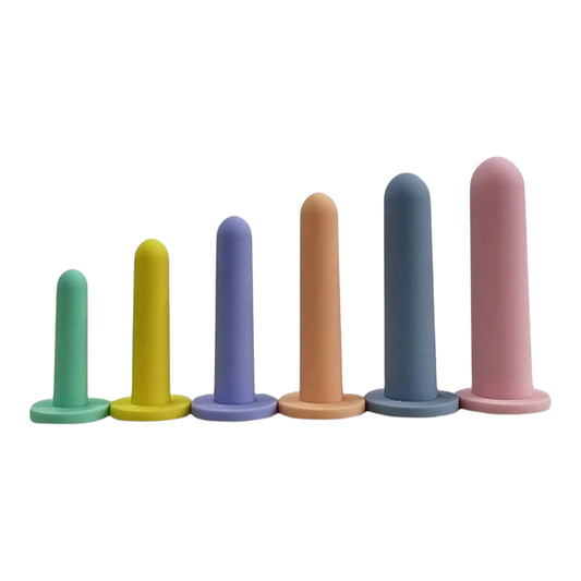 NCPARTIES LLC Crescendo set of six graduated silicone dilators in pastel green, yellow, purple, peach, blue, and pink.