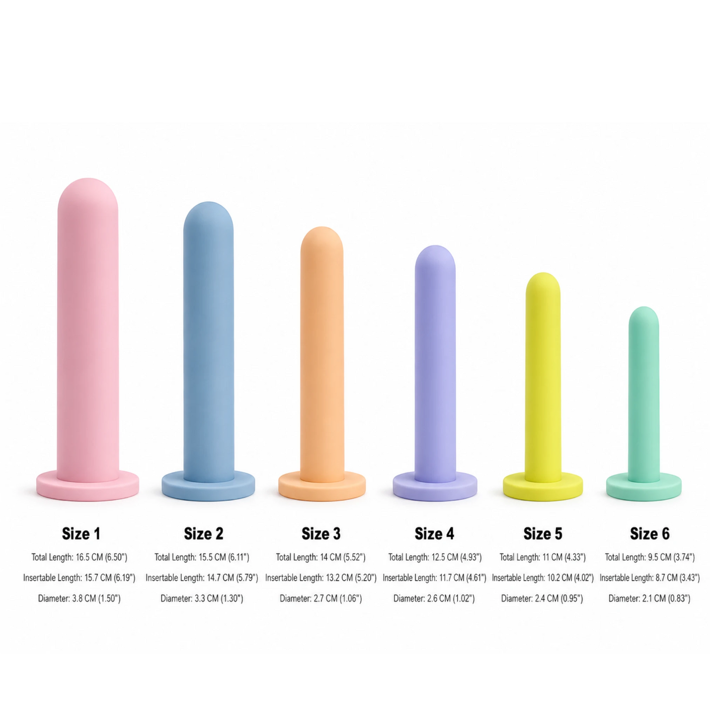 NCPARTIES LLC Crescendo 6-piece silicone vaginal dilator set in graduated pastel colours with flat bases