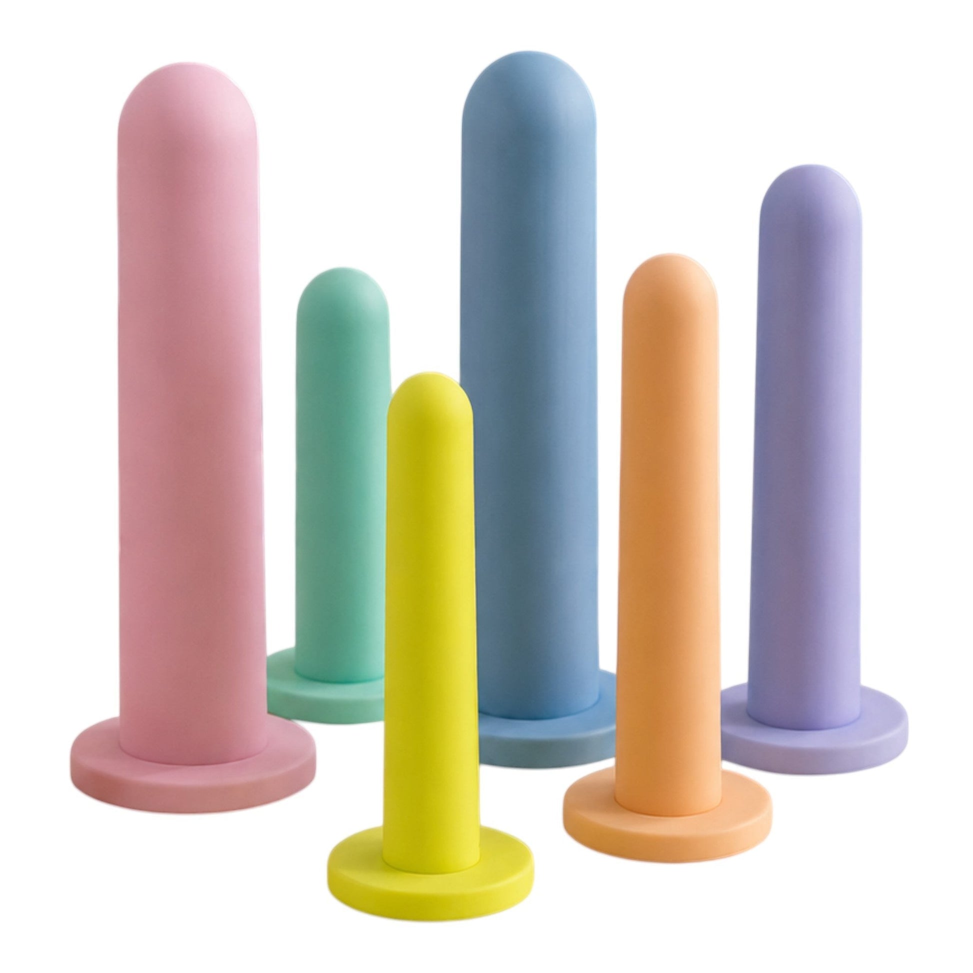 NCPARTIES LLC Crescendo 6-piece silicone vaginal dilator set in assorted pastel colours with smooth rounded tips.
