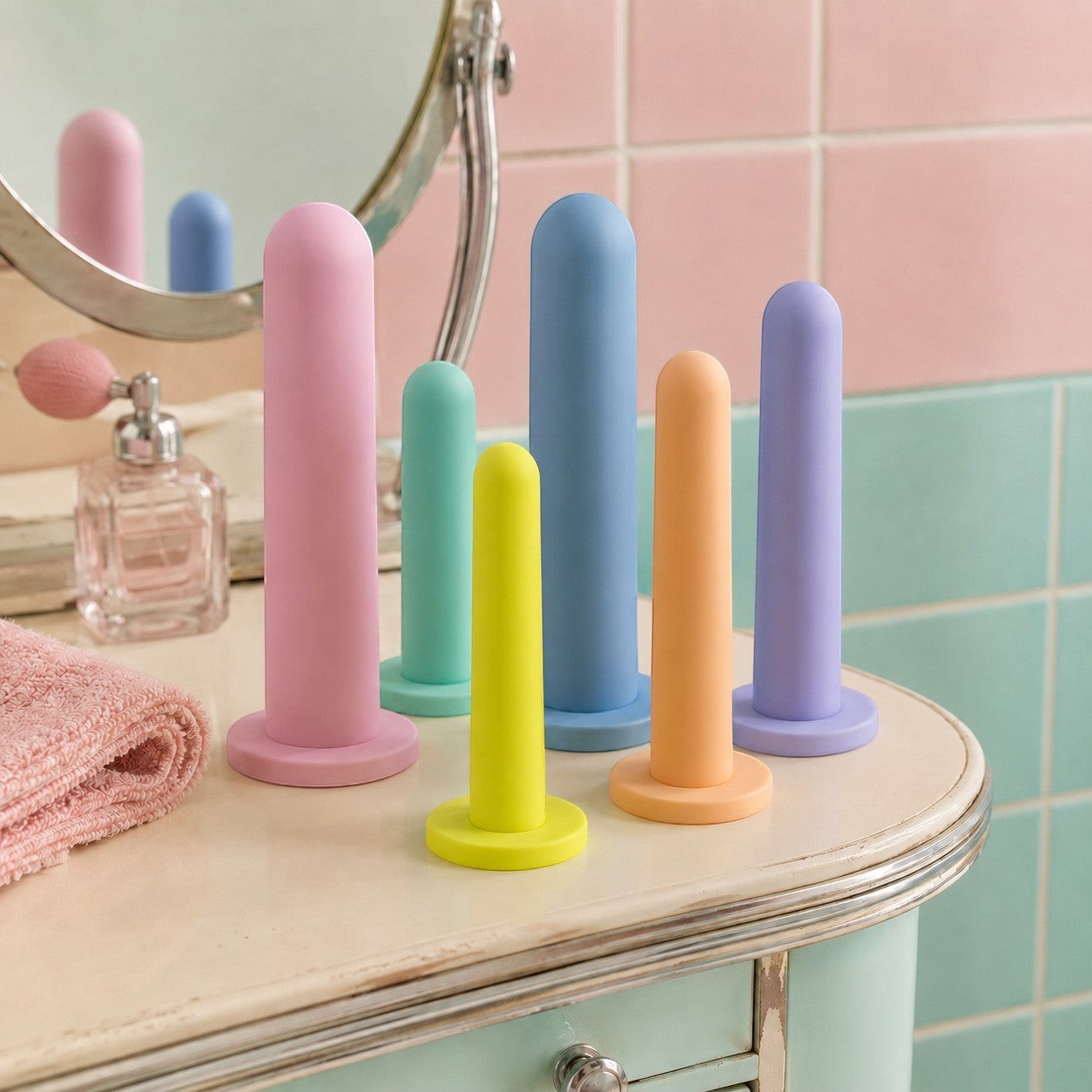 NCPARTIES LLC Crescendo 6-piece silicone vaginal dilator set in assorted pastel colours with smooth rounded tips.