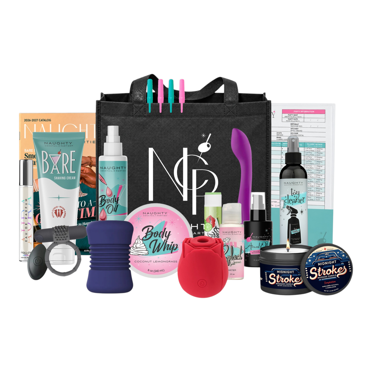 NCPARTIES LLC Deluxe Starter Kit featuring a black branded tote bag, skincare products, massage candle, and accessories.