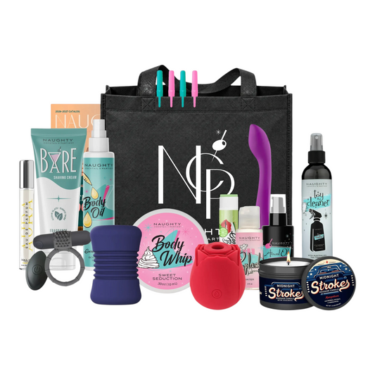 NCPARTIES LLC Deluxe Starter Kit featuring a black branded tote bag, skincare products, massage items, and accessories.