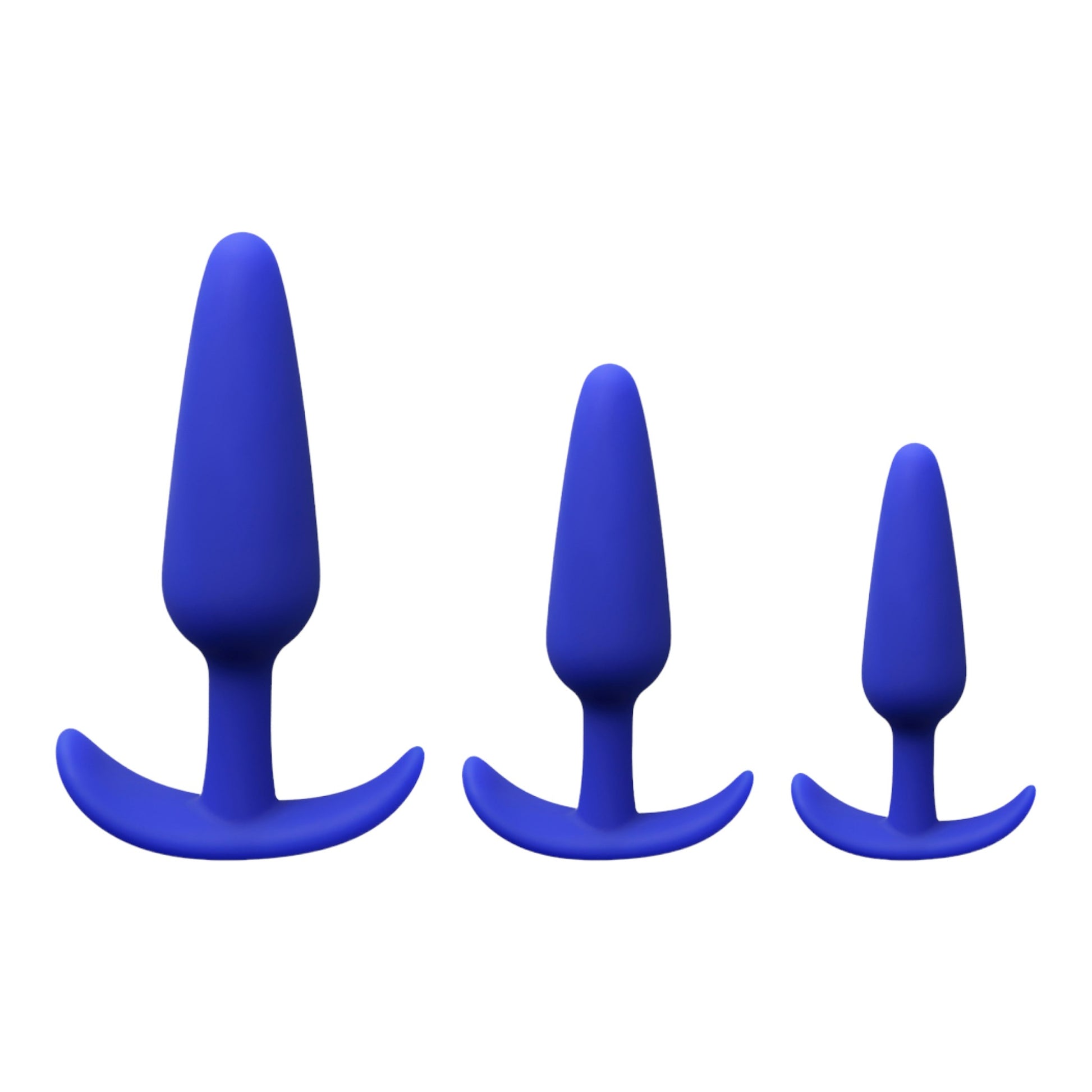 NCPARTIES LLC Endurance set of three cobalt blue silicone anal plugs with tapered designs and curved removal hooks.