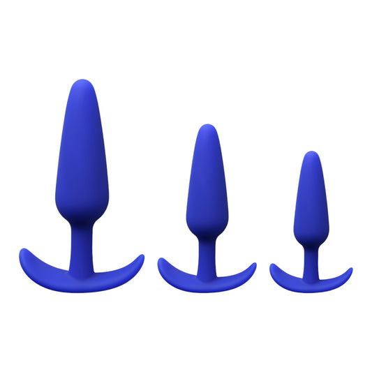 NCPARTIES LLC Endurance set of three cobalt blue silicone anal plugs with tapered designs and curved removal hooks.
