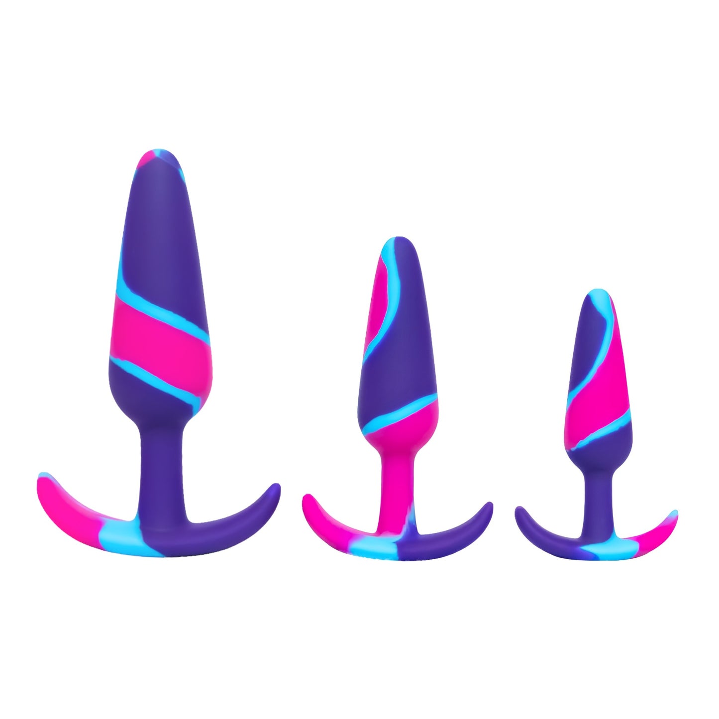 NCPARTIES LLC Endurance set of three tapered silicone anal plugs in purple, pink, and blue swirl design.