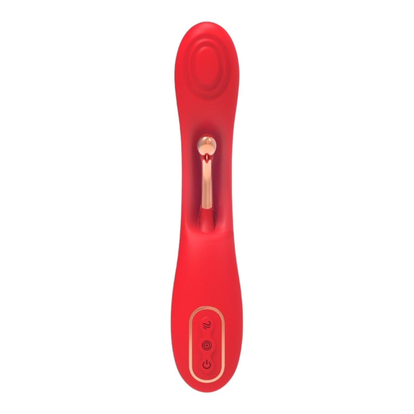 NCPARTIES LLC Firecracker red silicone vibrator with rose gold accents and three control buttons.