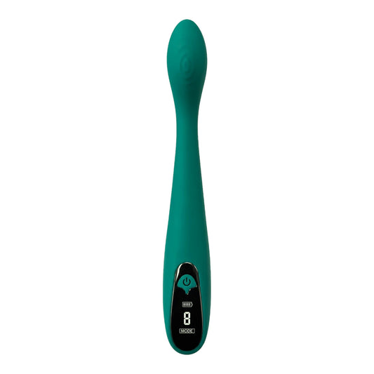 NCPARTIES LLC Jade teal silicone massager with a curved design, angled head, and digital display for settings.