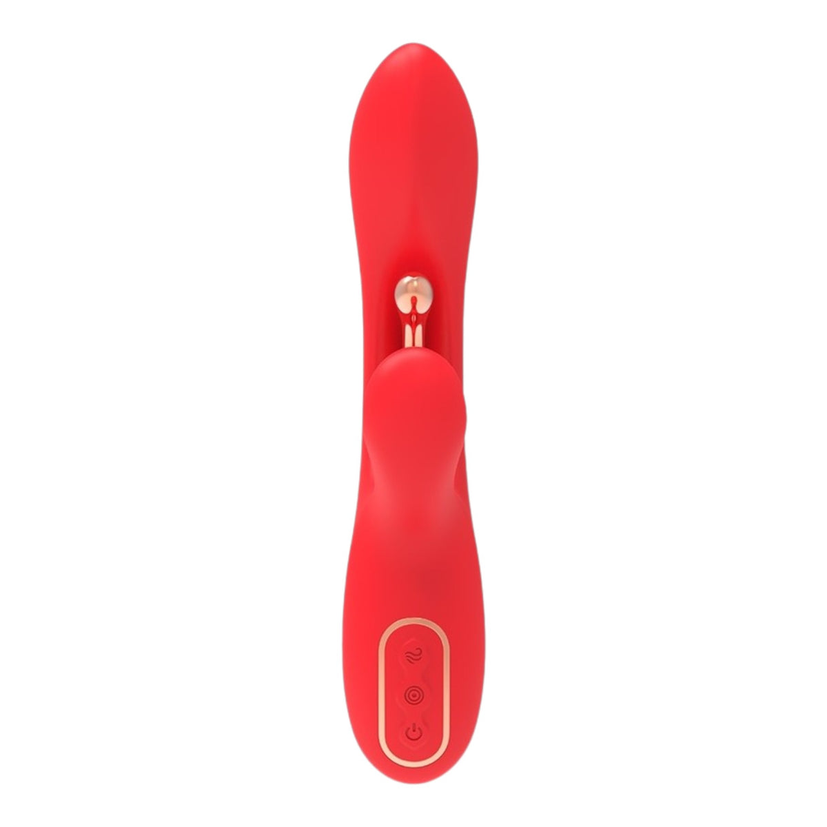 NCPARTIES LLC Jolene red silicone rabbit vibrator with rose gold accents and three control buttons