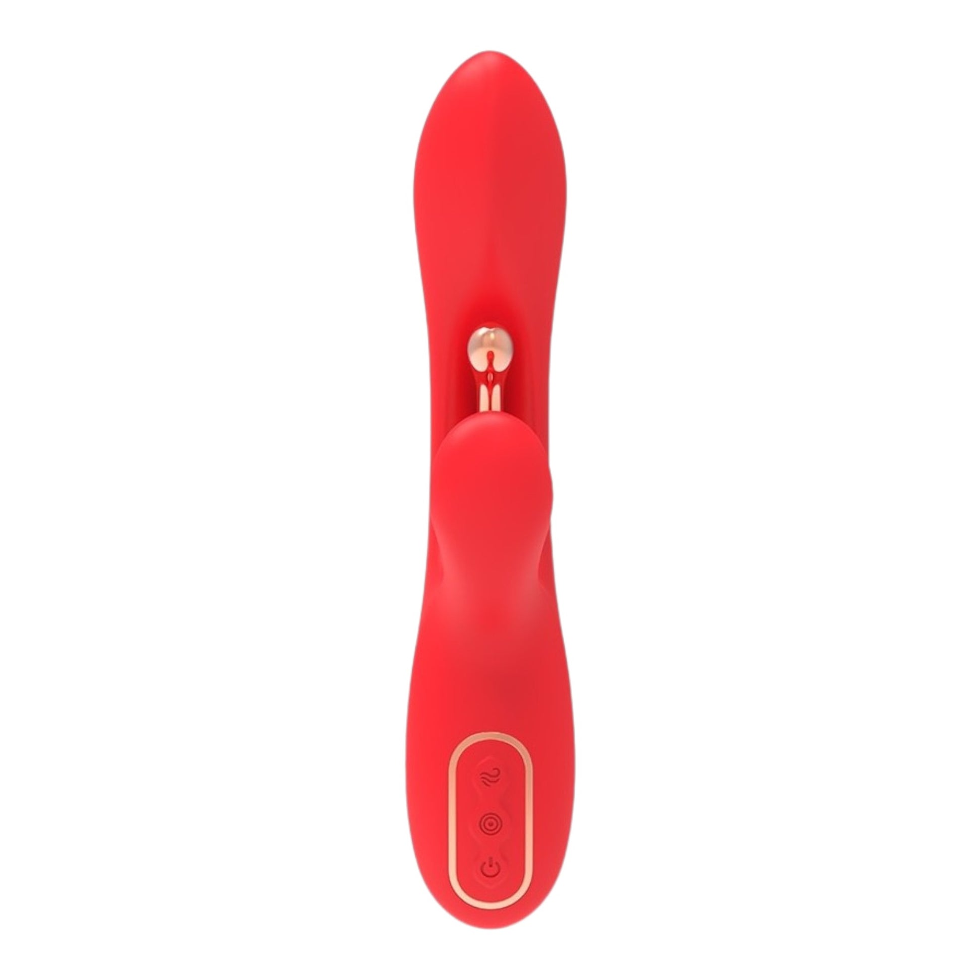 NCPARTIES LLC Jolene red silicone rabbit vibrator with rose gold accents and three control buttons