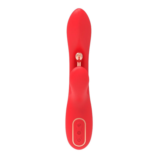 NCPARTIES LLC Jolene red silicone rabbit vibrator with rose gold accents and three control buttons