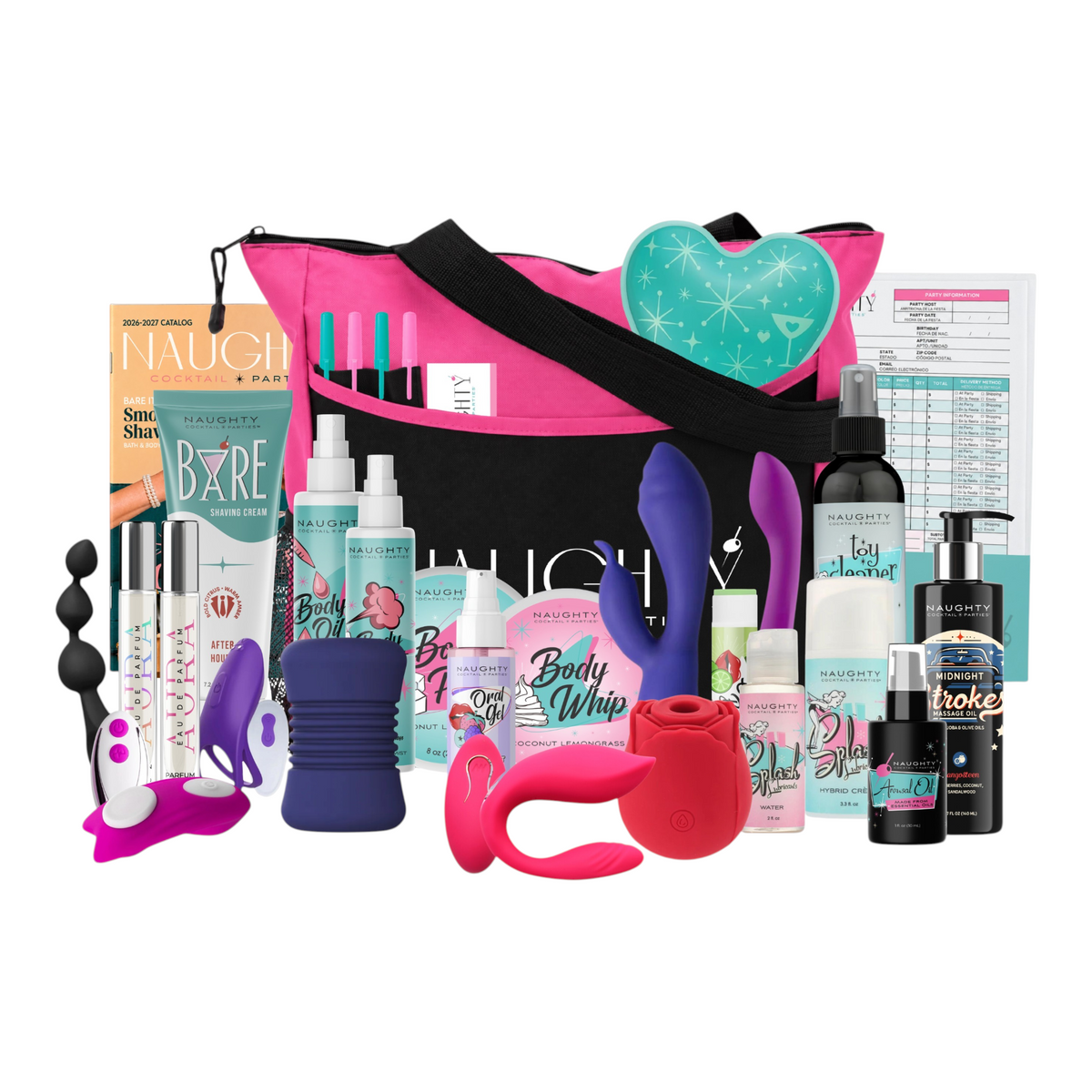 NCPARTIES LLC Premium Starter Kit featuring a black and pink party bag filled with wellness products and accessories.