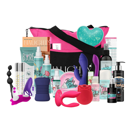 NCPARTIES LLC Premium Starter Kit featuring a black and pink party bag filled with wellness, body care, and toys.