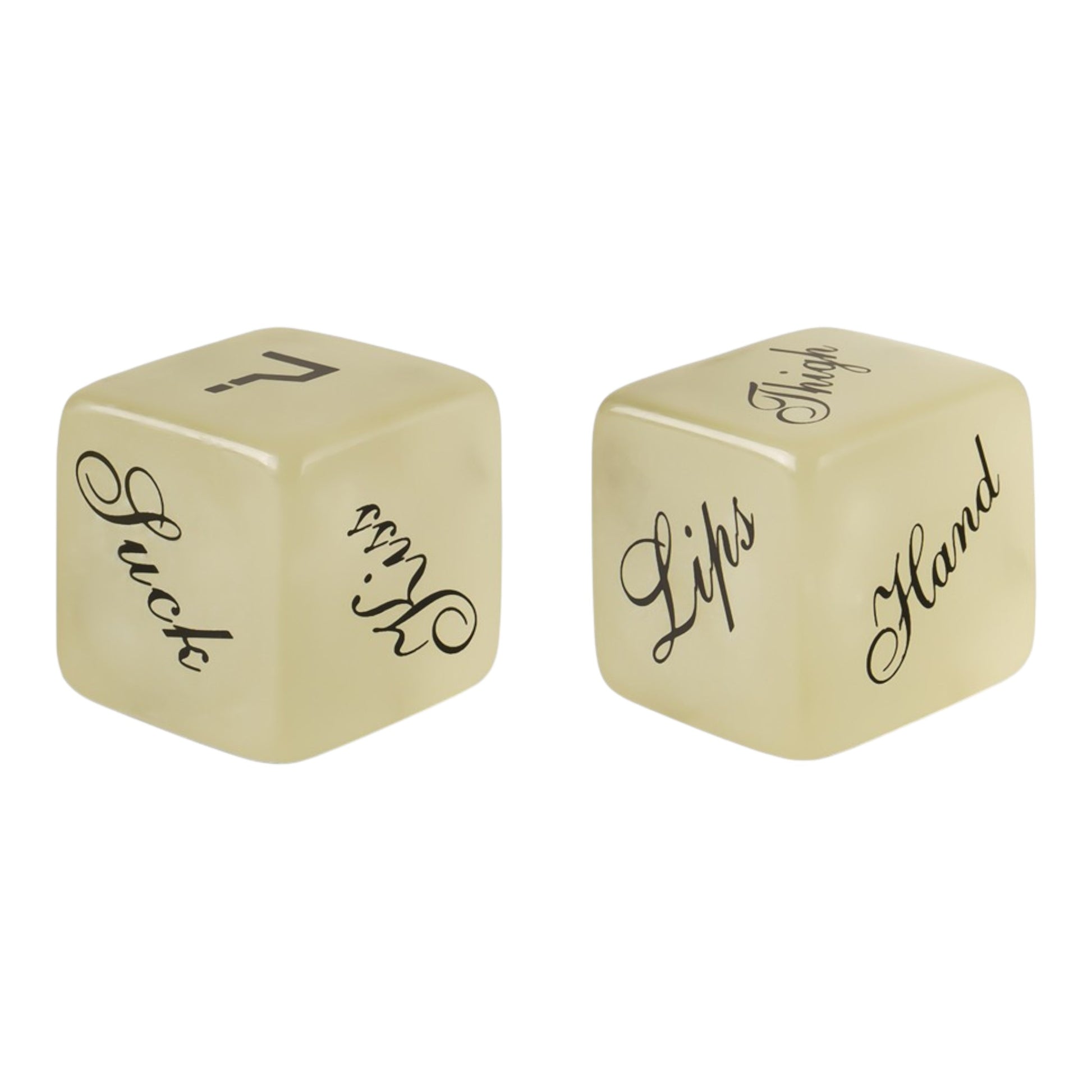 NCPARTIES LLC Roll Play game dice with black script text on cream-colored cubes for romantic couple activities