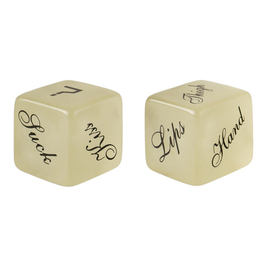 NCPARTIES LLC Roll Play game dice with black script text on cream-colored cubes for romantic couple activities