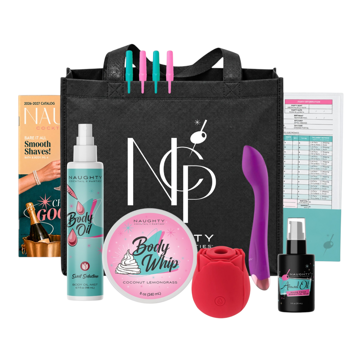 NCPARTIES LLC Standard Starter Kit featuring a branded black tote bag, body care products, catalogs, and business tools.