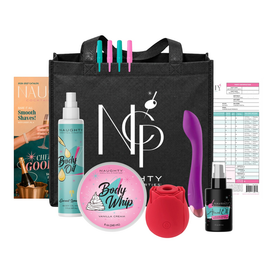 NCPARTIES LLC Standard Starter Kit featuring a branded black tote bag, body care products, catalogs, and accessories.