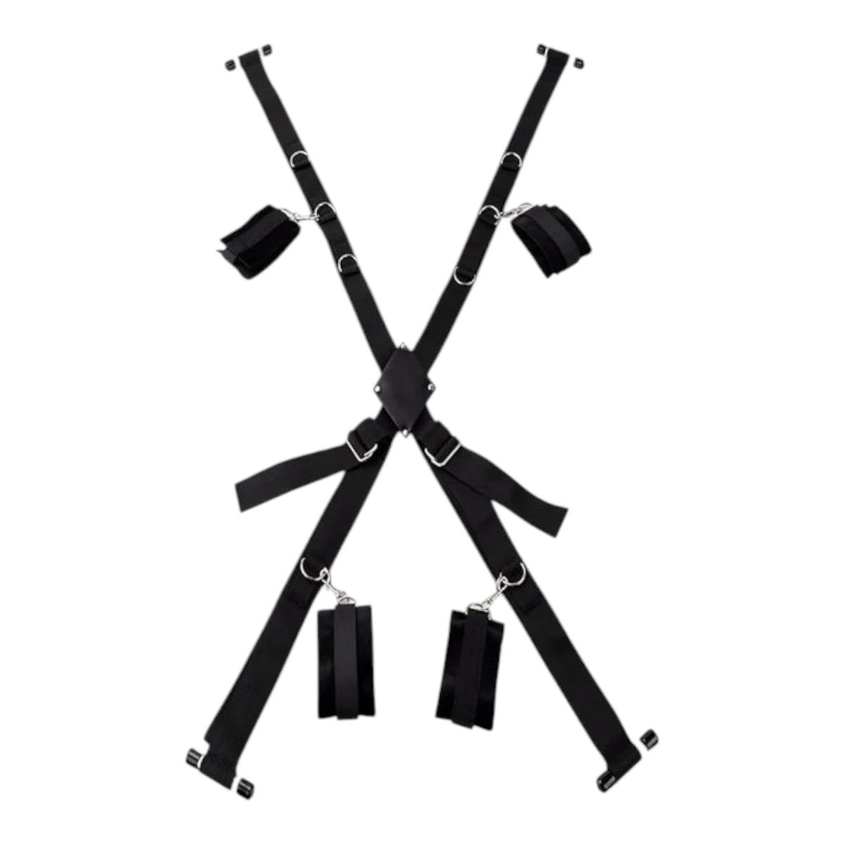 NCPARTIES LLC Standing O black adjustable nylon restraint harness with four padded wrist and ankle cuffs